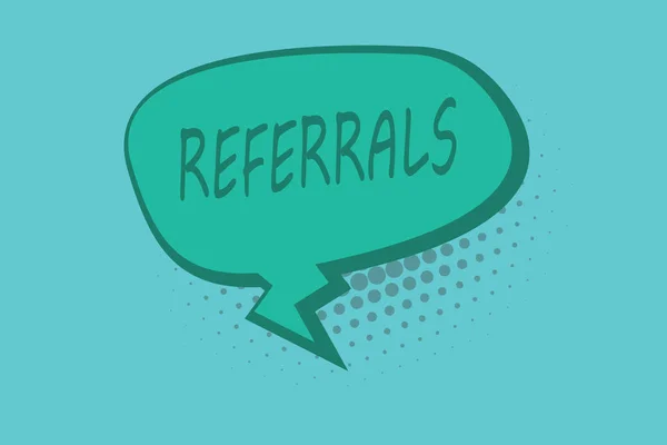 Conceptual hand writing showing Referrals. Business photo showcasing Act of referring someone or something for consultation review — Stock Photo, Image