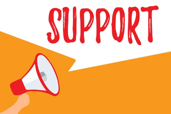 Text sign showing Support. Conceptual photo Give assistance help service Professional advice Assist someone Megaphone loudspeaker speech bubbles important message speaking out loud. — Stock Photo, Image