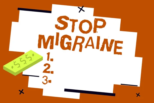 Note d'écriture montrant Stop Migraine. Photo d'affaires montrant la prévention de l'attaque complète du mal de tête Retrait de caféine — Photo