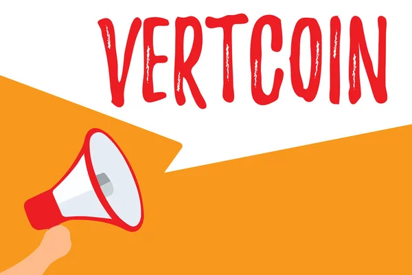 Tekst teken weergegeven: Vertcoin. Conceptuele foto Cryptocurrency Blockchain digitale valuta verhandelbare token megafoon luidspreker spraak bubbels belangrijke boodschap hardop spreken. — Stockfoto