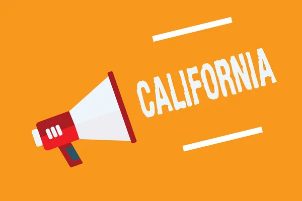 Scrittura concettuale a mano che mostra la California. Business photo testo Stato sulla costa occidentale Stati Uniti d'America Spiagge Hollywood Diffusore di megafono arancione sfondo messaggio importante parlando . — Foto Stock