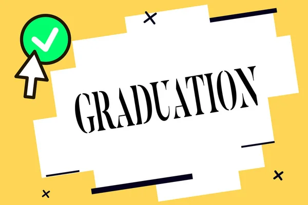 Conceptual hand writing showing Graduation. Business photo text Receiving or conferring of academic degree diploma certification — Stock Photo, Image