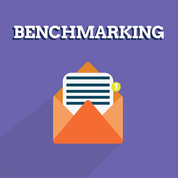 Writing note showing Benchmarking. Business photo showcasing Evaluate something by comparison with a standard Strategy