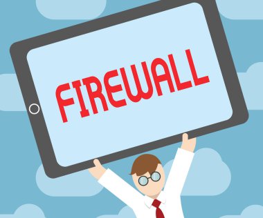 Firewall 'ı gösteren mesaj işareti. Kavramsal fotoğraf koruma ağı veya sistemi güvenlik duvarına izinsiz erişimden korur