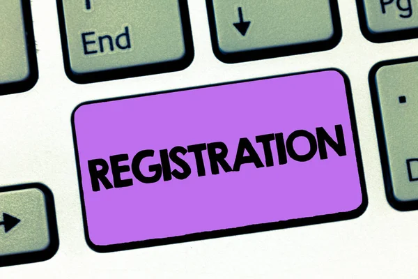 Signo de texto mostrando Registro. Foto conceptual Acción o proceso de registro o registro Suscribirse —  Fotos de Stock