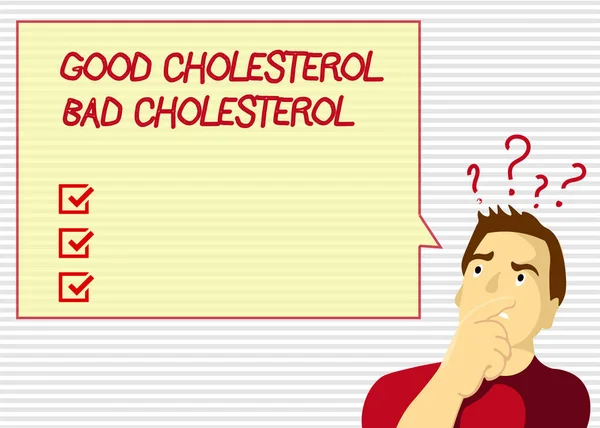 A kézírás szöveg jó koleszterin, rossz koleszterin. Koncepció, azaz a zsírok a vérben származik az élelmiszer, amit megeszünk — Stock Fotó