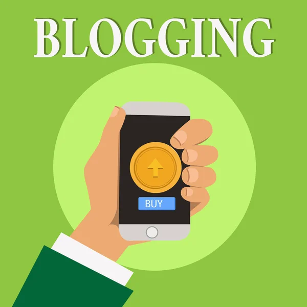 Escribiendo nota mostrando Blogging. Exhibición de fotos de negocios Escribe material para un blog Comunicación digital moderna en línea —  Fotos de Stock