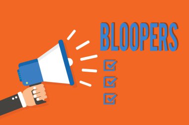 Word writing text Bloopers. Business concept for Embarrassing errors Mistakes Fails Missteps Problems Failures Man holding megaphone loudspeaker orange background message speaking loud. clipart
