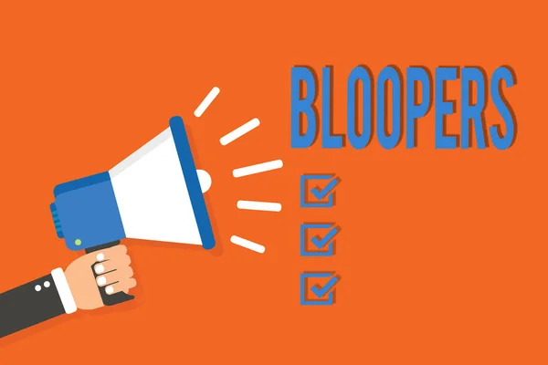 Word writing text Bloopers. Business concept for Embarrassing errors Mistakes Fails Missteps Problems Failures Man holding megaphone loudspeaker orange background message speaking loud. — Stock Photo, Image