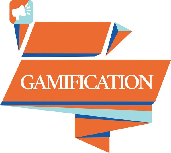 개념적 손을 Gamification을 보여주는 작성입니다. 응용 프로그램의 다른 영역으로 게임의 전형적인 요소를 보여주는 비즈니스 사진 — 스톡 사진