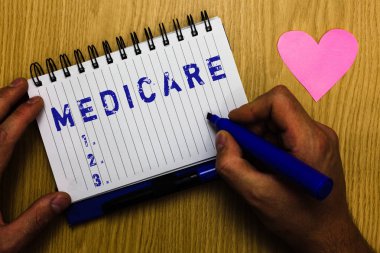 Medicare gösterilen metin işareti. Bize kavramsal fotoğraf federal hükümet planı bazı hastane kalp romantik mesajlar işaret defter sayfası tutan adam ödeme için ahşap masa.