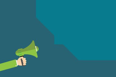 Düz tasarım iş vektör çizim boş kopya alanı metin reklam Web sitesi tanıtım için esp izole Banner şablon insan eli elinde megafon ve boş geometrik şekil yarım konuşma balonu