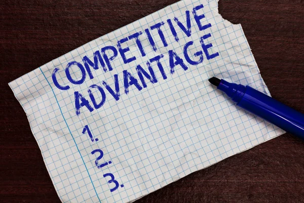 Writing note showing Competitive Advantage. Business photo showcasing Company Edge over another Favorable Business Position Squared notebook paper Markers Communicating ideas Expressing feelings.