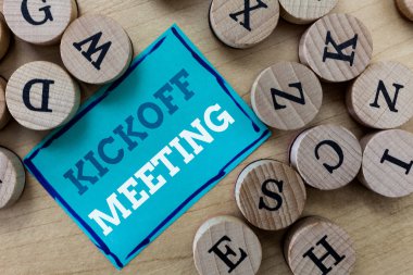 Writing note showing Kickoff Meeting. Business photo showcasing Special discussion on the legalities involved in the project clipart