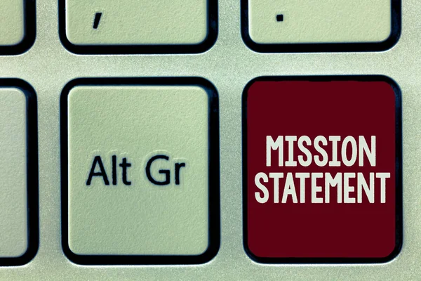 Writing note showing Mission Statement. Business photo showcasing Formal summary of the aims and values of a company