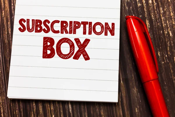Conceptual hand writing showing Subscription Box. Business photo showcasing button if you clicked on will get news or videos about site — Stock Photo, Image