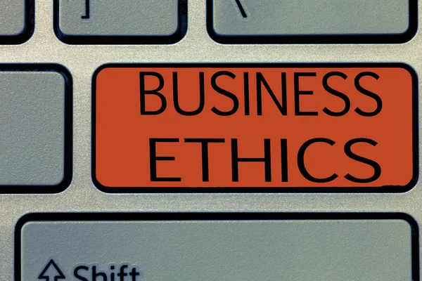 Writing note showing Business Ethics. Business photo showcasing Moral principles that guide the way a business behaves — Stock Photo, Image