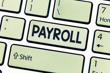 Kavramsal el Bordro gösterilen yazma. İş fotoğraf vitrine toplam miktarı para şirket çalışanlarına maaş ödeme öder.