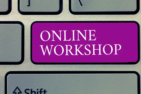 Εννοιολογική γραφή στο χέρι που δείχνει Online Workshop. Επαγγελματικές φωτογραφικές παρουσιάσεις αγαθών και εμπορευμάτων μέσω των ηλεκτρονικών δικτυακών τόπων — Φωτογραφία Αρχείου