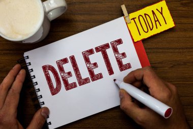 Delete gösterilen Not yazma. İş fotoğraf vitrine kaldırmak veya yazılı veya basılı konu satırı yıldaen adam çizerek yapsın sil işaretçisi defter pin hatırlatma ahşap masa fincan kahve holding.