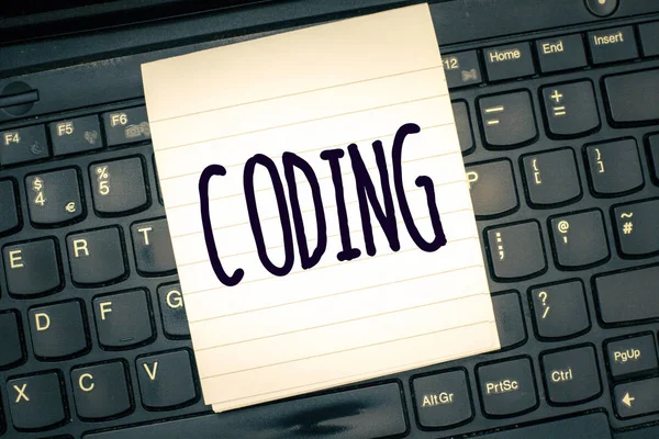 Writing note showing Coding. Business photo showcasing assigning code to something for classification identification