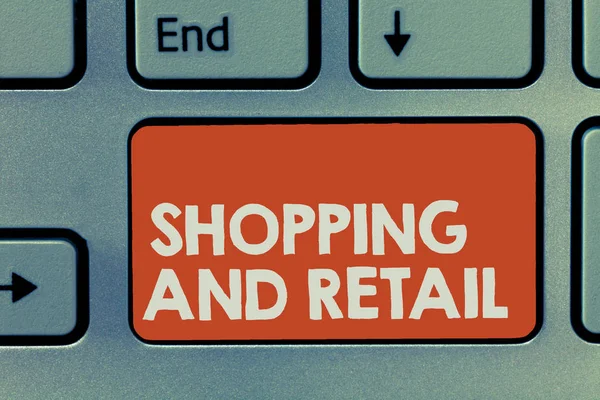 Signo de texto mostrando Compras y Retail. Foto conceptual Proceso de venta de bienes de consumo Servicios a los clientes — Foto de Stock