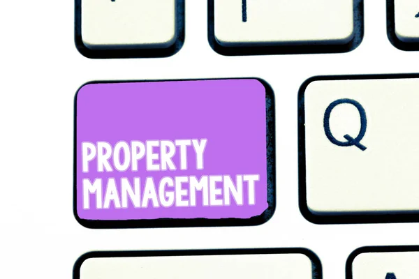 Writing note showing Property Management. Business photo showcasing Overseeing of Real Estate Preserved value of Facility