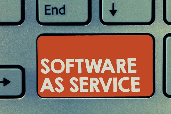 Textzeichen, das Software als Dienstleistung zeigt. Konzeptfoto auf Abruf lizenziert im Abonnement und zentral gehostet — Stockfoto