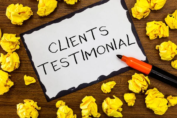 Nota di scrittura che mostra la testimonianza dei clienti. Business photo showcase Dichiarazione solenne Testimonianza di approvazione candida da parte di altri — Foto Stock