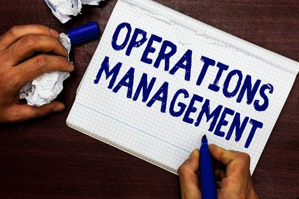 Writing note showing Operations Management. Business photo showcasing ensure Inputs to Output the Production and Provision Man holding marker notebook page crumpled paper several tries mistakes.