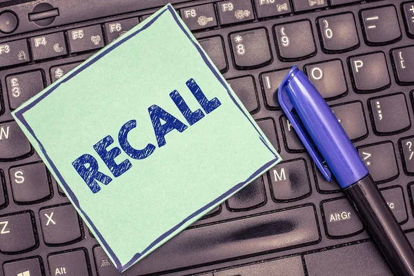 Writing note showing Recall. Business photo showcasing bring fact event or situation back into ones mind Remember Something — Stock Photo, Image