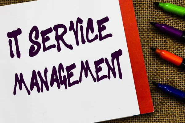 Handwriting text It Service Management. Concept meaning Activity Directed by Policies Lifecycle of Technology Open notebook page jute background colorful markers Expressing ideas. — Stock Photo, Image