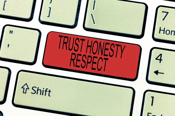 Λέξη σύνταξη κειμένου Trust ειλικρίνεια σεβασμό. Επιχειρηματική ιδέα για αξιοσέβαστος χαρακτηριστικά μια πτυχή του ήθους — Φωτογραφία Αρχείου