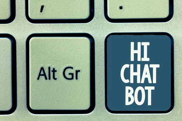 Escritura manual conceptual que muestra Hi Chat Bot. Muestra de fotos de negocios Saludo a la máquina robot que responde a un mensaje enviado —  Fotos de Stock