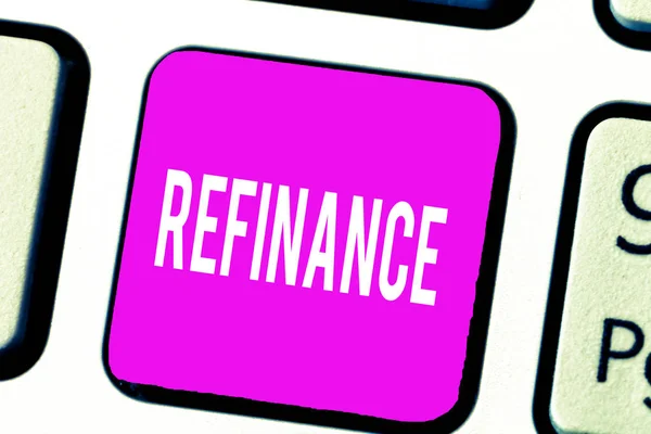 Tekst pisma refinansować. Koncepcję co oznacza finansowanie ponownie zastąpienie istniejącego długu z innym — Zdjęcie stockowe