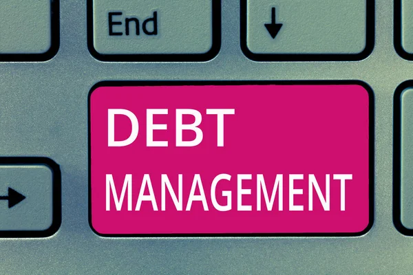 Conceptual hand writing showing Debt Management. Business photo showcasing The formal agreement between a debtor and a creditor — Stock Photo, Image