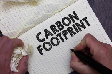 Karbon ayak izi gösterilen metin işareti. Dioksit miktarını kavramsal fotoğraf serbest etkinlikler adam sonucu atmosfere marker defter tutan buruşuk kağıtlar kopyalanan sayfaları hatalar yaptım.