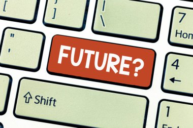 Kavramsal el yazma gösteren gelecek soru. Yarın stratejisi vizyon hedefler amaçlar için planlama vitrine iş fotoğraf