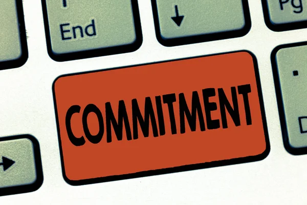 Text sign showing Commitment. Conceptual photo Quality of being dedicated to cause activity Engagement — Stock Photo, Image