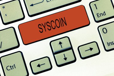Word metin yazma Syscoin. Cryptocurrency Blockchain dijital Döviz Alım Tradeable belirteci iş kavramı.