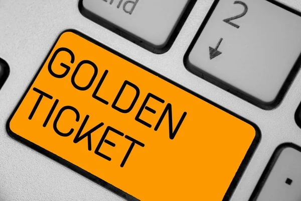 Handwriting text Golden Ticket. Concept meaning Rain Check Access VIP Passport Box Office Seat Event Keyboard orange key Intention create computer computing reflection document.