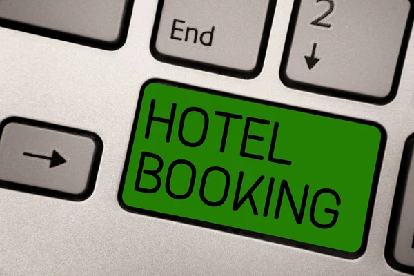 Writing note showing Hotel Booking. Business photo showcasing Online Reservations Presidential Suite De Luxe Hospitality Keyboard green Intention create computer computing reflection document. — Stock Photo, Image