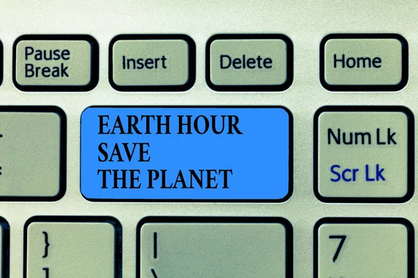 Κείμενο πινακίδα που δείχνει την ώρα γης Σώστε τον πλανήτη. Εννοιολογική φωτογραφία τα φώτα ανοικτά Eventmovement από το Wwf κάθε Μάρτιο — Φωτογραφία Αρχείου
