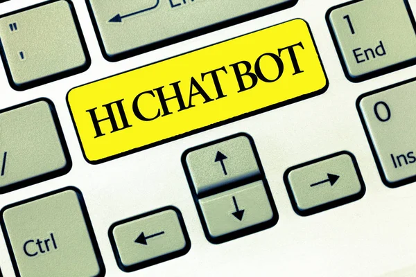 Концептуальный почерк, показывающий Hi Chat Bot. Приветствие роботу-автомату, который отвечает на отправленное сообщение — стоковое фото