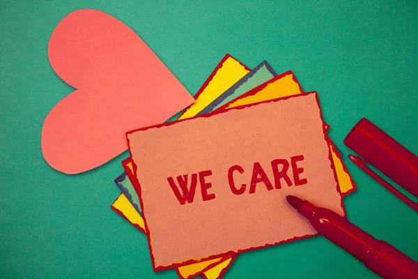 Text sign showing We Care. Conceptual photo Support you Give help needed Offer treatment or assistance — Stock Photo, Image