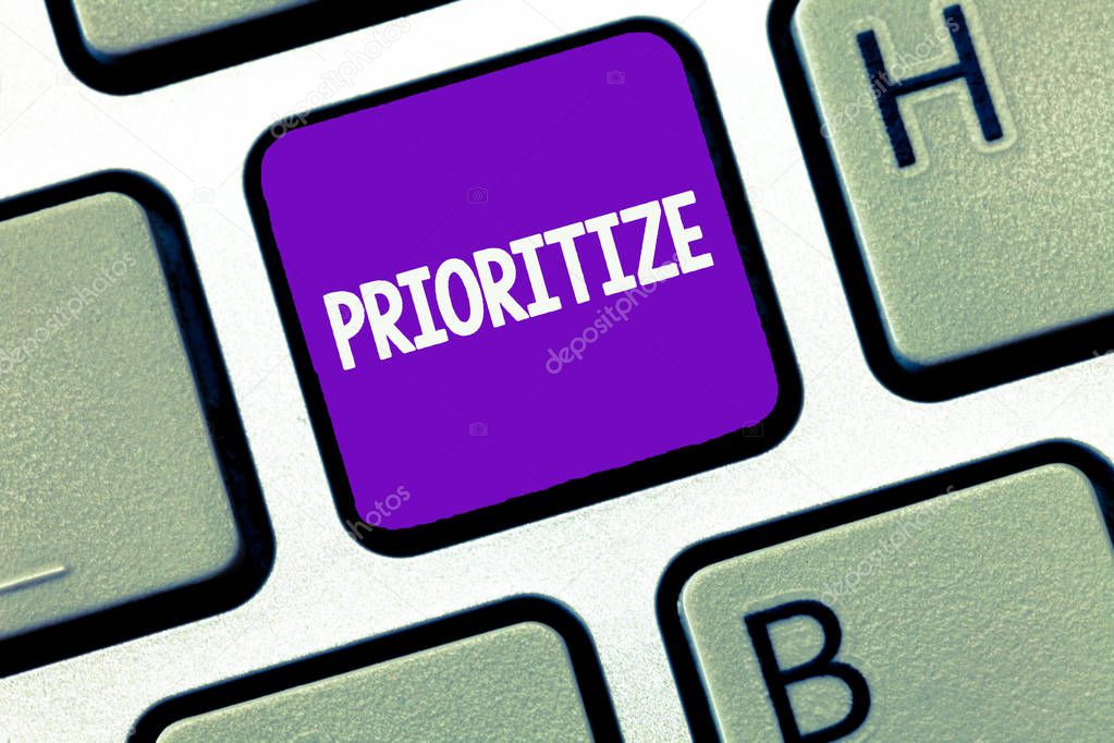 Conceptual hand writing showing Prioritize. Business photo text Organize designate or treat something as being more important