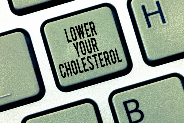 Szöveg jel mutatja a koleszterinszint. Fogalmi fénykép csökkenteni a bevitelét a zsíros ételek a rendszeres testmozgás — Stock Fotó
