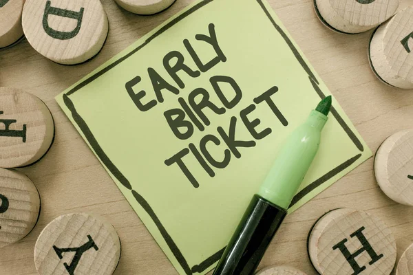 Conceptual hand writing showing Early Bird Ticket. Business photo showcasing Buying a ticket before it go out for sale in regular price — Stock Photo, Image