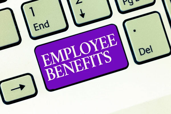 Conceptual hand writing showing Employee Benefits. Business photo text Indirect and noncash compensation paid to an employee