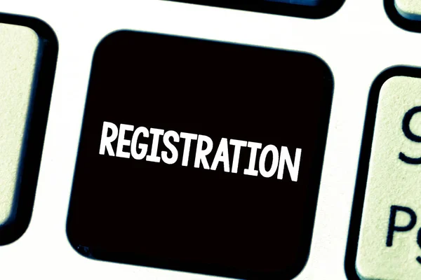 Sinal de texto mostrando Registro. Foto conceitual Ação ou processo de registro ou registro Assinar — Fotografia de Stock